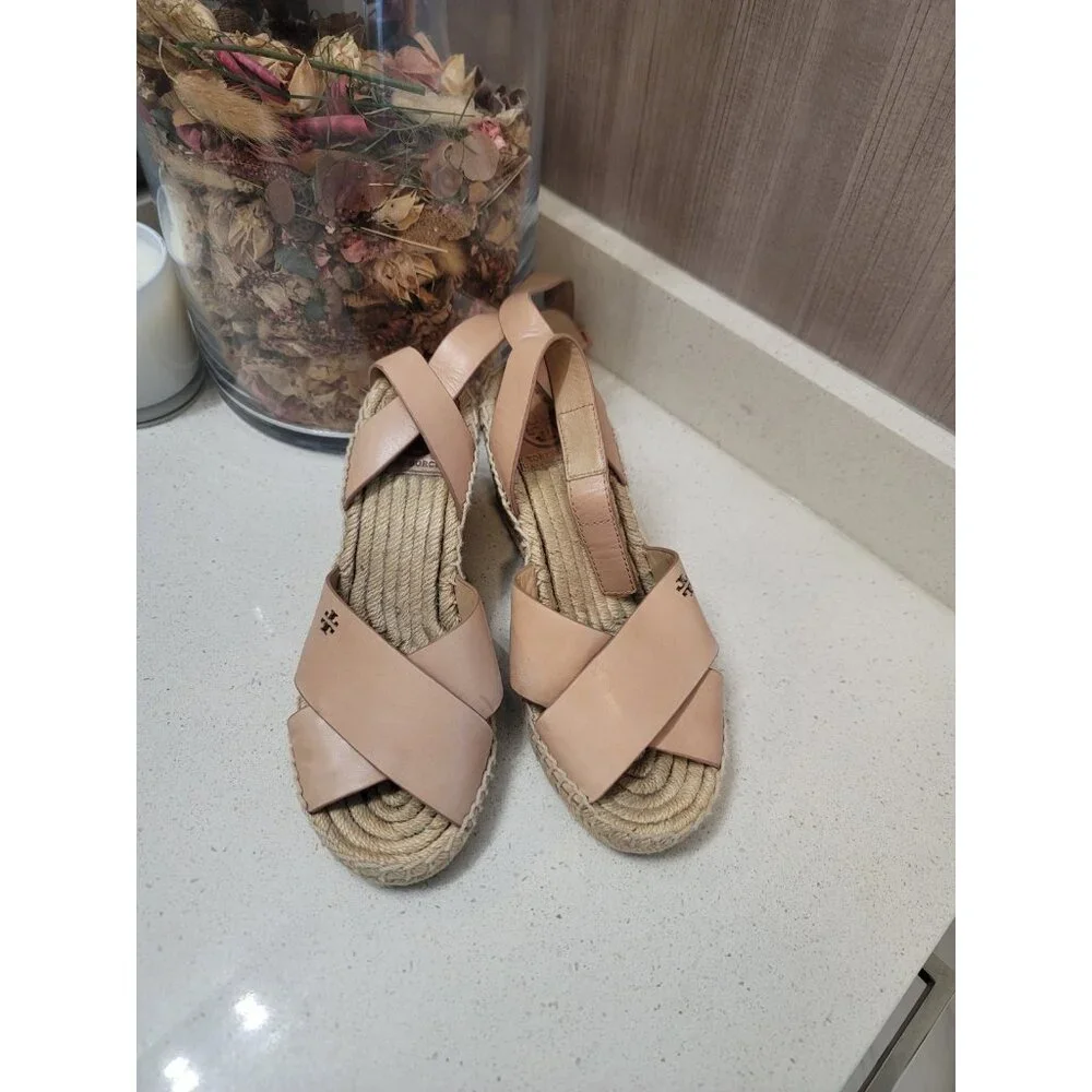 Tory Burch Blush Pink Leather Espadrille Sandals - Picture 1 of 7